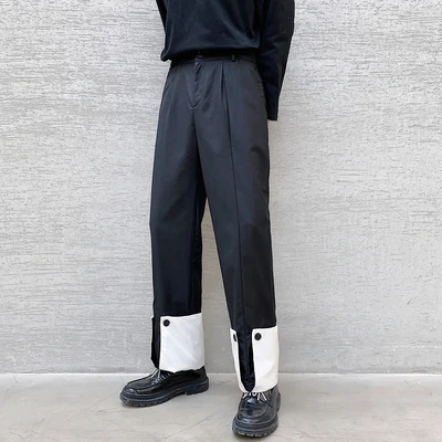 

Large size spring black-and-white trousers hem design small casual trousers fashion men's Korean version of the vertical sense