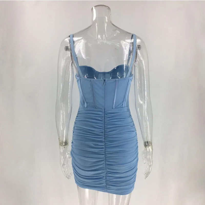 

Mesh Summer Dress Ruched Spaghetti Strap Party Dress Women Backless Strapless Sexy Mini Dresses Pleated Clothes Vestidos