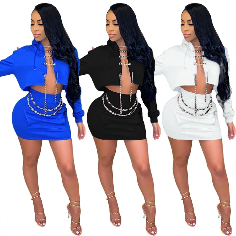 

Sexy chain two-piece suit suit long-sleeved hooded jacket coat mini dress female party wear club suit fashion all-match hot sale