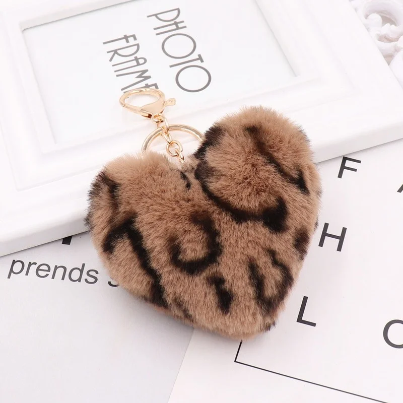 Artificial Rabbit Fur Pom-pom Keychain Leopard-print Pom-pom Keychain Lady Mobile Phone Bag Key Ring Love Pendant Decoration