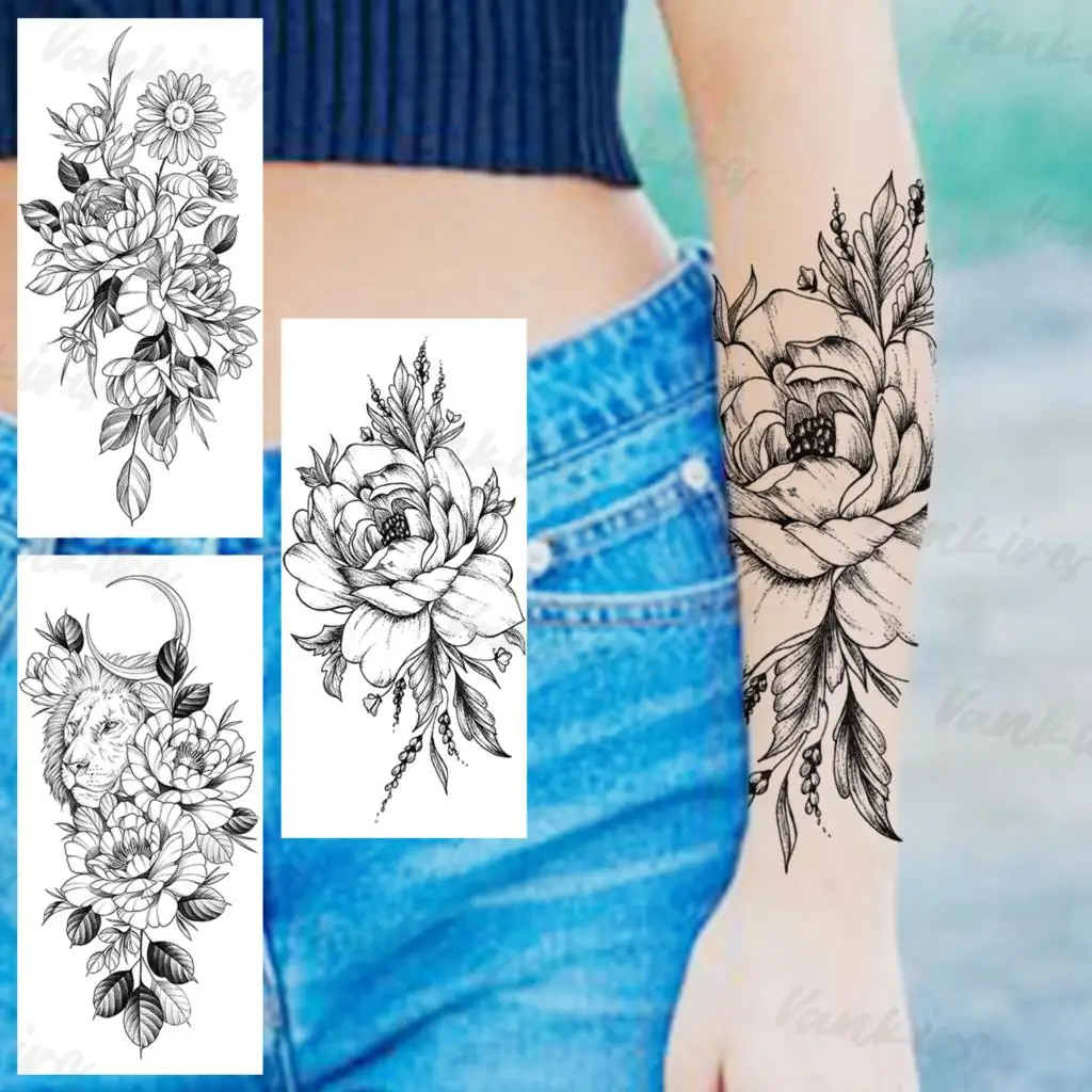 

Sexy Black Dahlia Temporary Tattoos For Adults Women Realistic Lion Moon Sun Flower Fake Tattoo Sticker Forearm Back Tatoos DIY