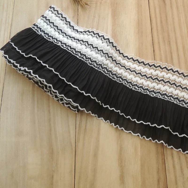 

11CM Wide Double Layers 3D Pleated Chiffon Fabric Embroidered Fringe Collar Cuffs Elastic Ruffle Trim DIY Dress Sewing Supplies
