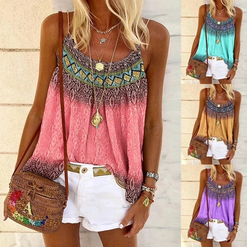 2023 Summer New Women Fashion Casual Strap Tank Top Loose Beach Shirt Sleeveless Print Beach T-Shirt Top Bohemian Style Clothing