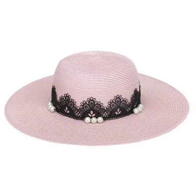 

2021 new female summer elegant lace pearl decoration big brim straw hat women outing fashion sun hat