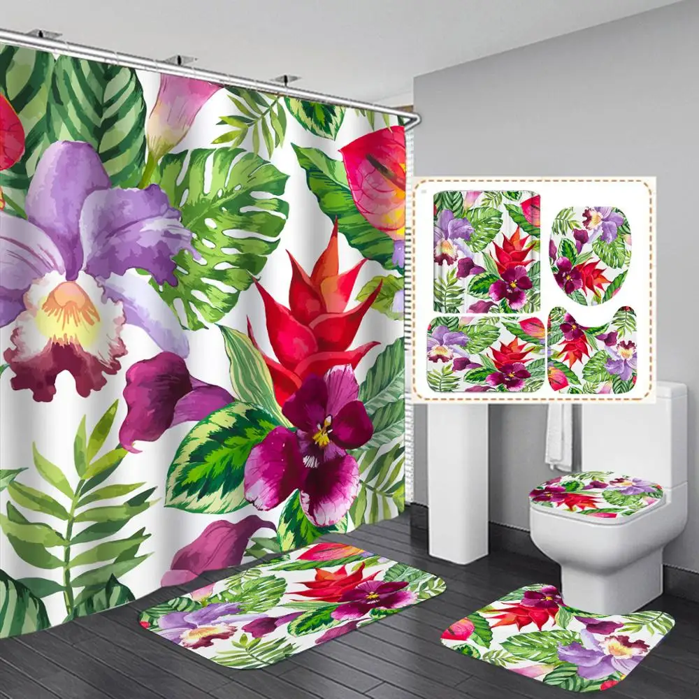

4pcs Flowers Shower Curtain Sets with Non-Slip Rug, Toilet Lid Cover and Bath Mat Waterproof Bathroom Accessories