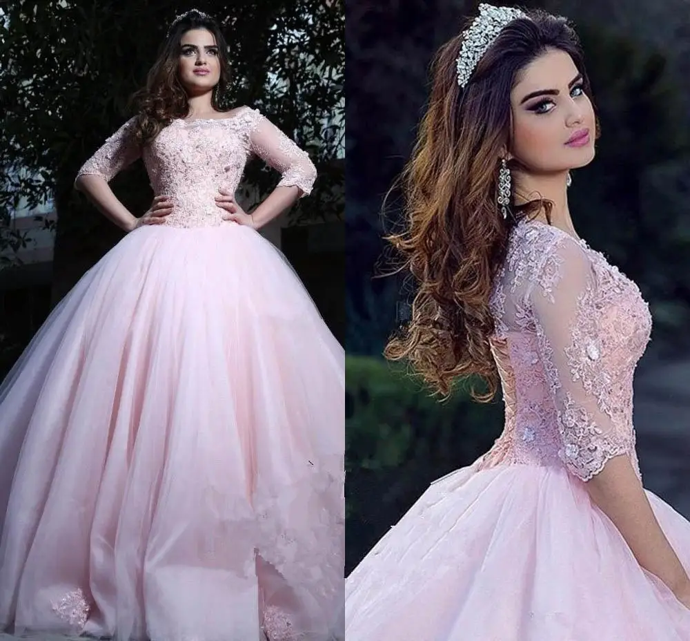 

Modest Pink Ball Gown Quinceanera Dresses Bateau Neck 3/4 Sleeves Lace Tulle Corset Lace Up Sweet 16 Dresses Prom Dresses