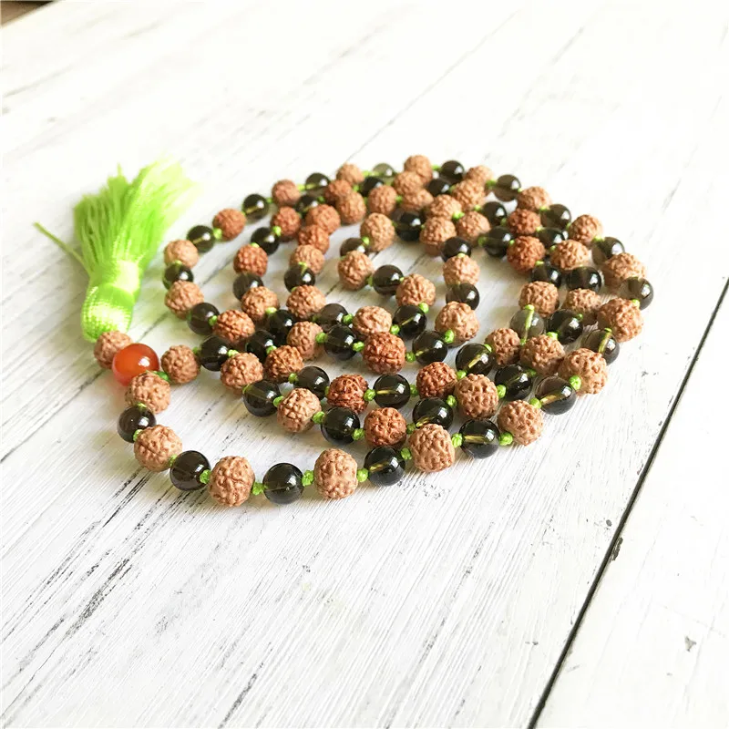 Ожерелье рудракша и смокикварц 108 Мала Бусы ожерелье с кисточкой ювелирные