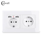 COSWALL, скрытый мягкий светодиодный индикатор, 2 USB-порта для зарядки, для России, Испании, настенная розетка стандарта ЕС