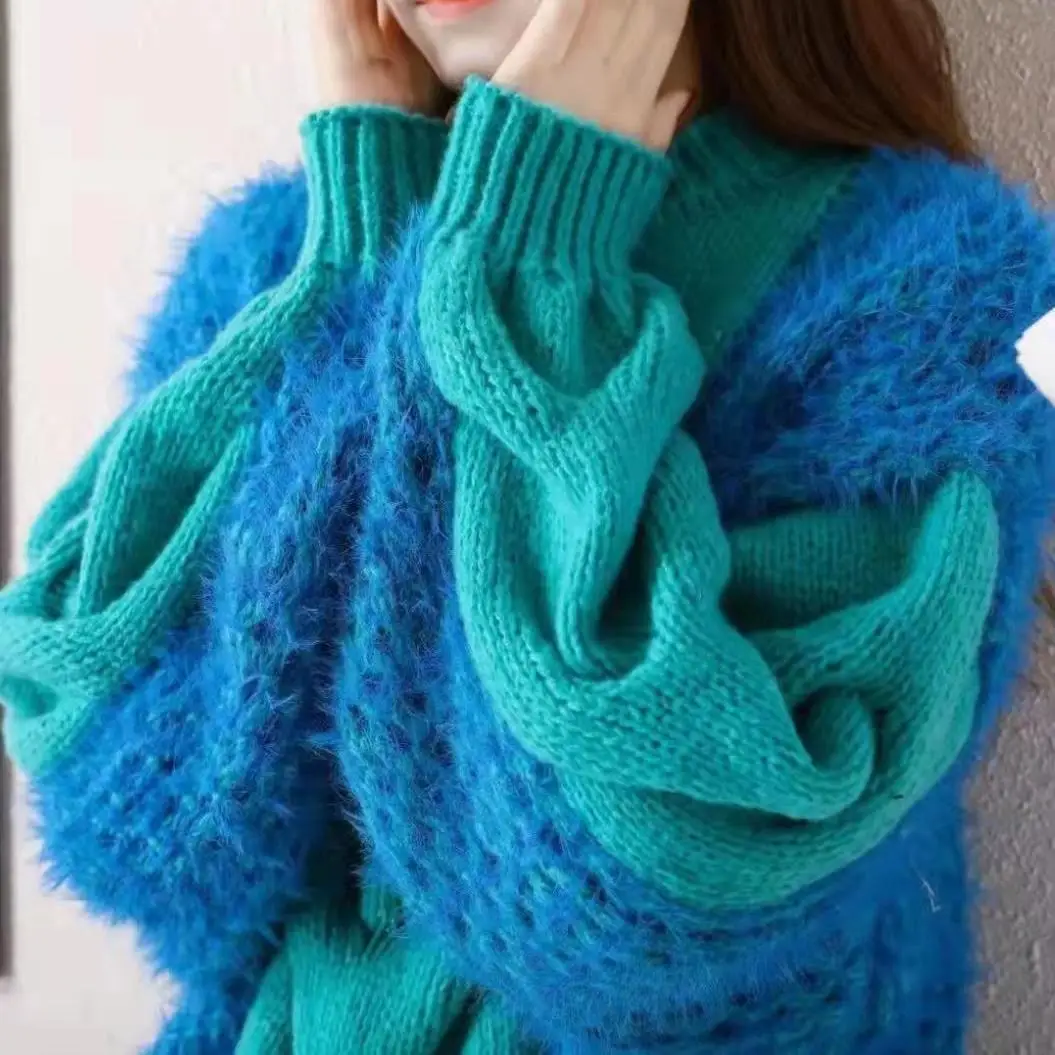 

Женский плотный свитер с круглым вырезом, мягкий теплый джемпер с цветными вставками, модные топы на осень и зиму