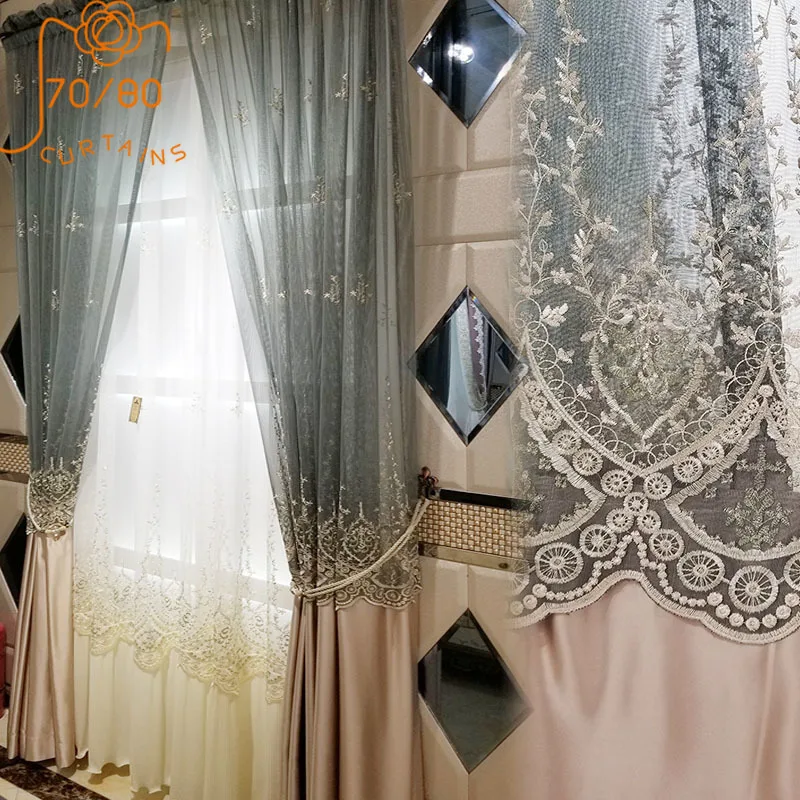 Luxury American Gray Skirt Lace Imitation Silk Stitching Curtains for Living Room Bedroom Partition Screen Finished Product