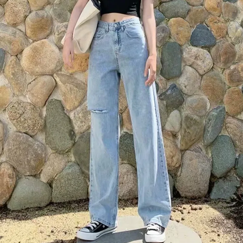 

Wholesale 2022 Falling Sense Of Straight-leg Ripped Jeans For Female Students Winter New Wild Loose Thin Wide-leg Long Pants