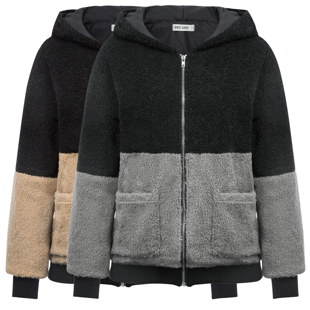 Женское пальто из флиса с капюшоном контрастного цвета зимнее теплое верхняя