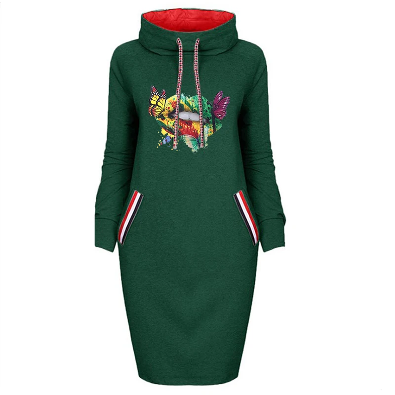 

Plus Size Women Bodycon Dress Sexy Butterfly Lips Print Fall Long Sleeve Pocket Dresses Slim Pencil Party Femme Robe Streetwear
