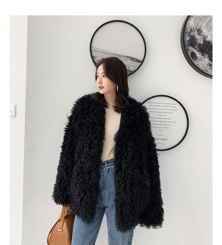 Женское вязаное пальто с длинным рукавом из натурального овечьего меха|Шубы и