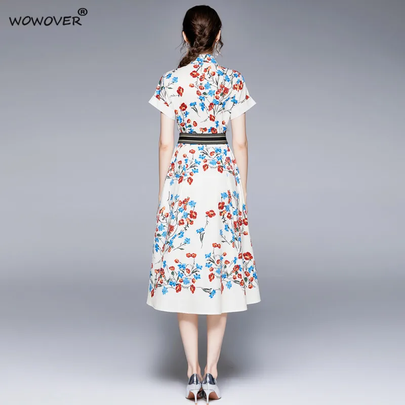 

Europe Fashion Runway Floral Print Mid Calf Belt Shirt Dress Summer 2021 Women Short Sleeve Casual Aline Holiday Vestidos Female