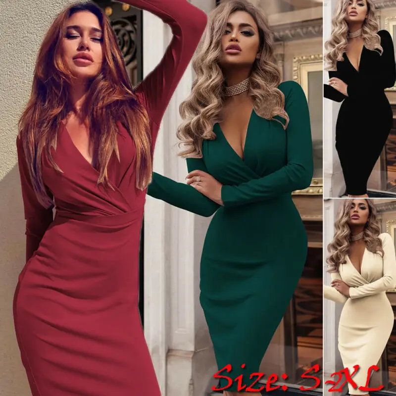 Женское платье с V-образным вырезом длинным рукавом | Женская одежда