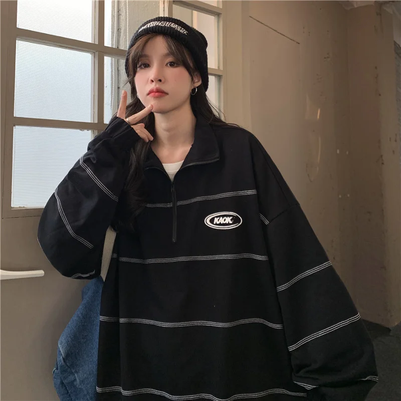 

Рубашка-поло в полоску в стиле хип-хоп, свитер, женское свободное модное Стильное тонкое шикарное пальто в гонконгском стиле