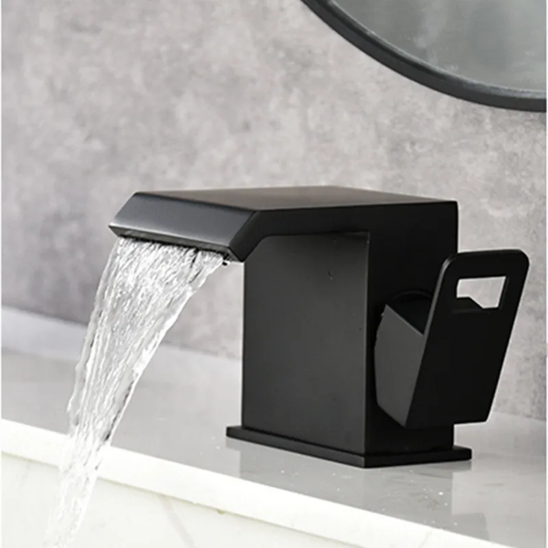 

Basin Sink Faucet Luxury Waterfall Stainless Steel Single Handle Mixer Taps Cold And Hot Water Deck Mounted Bathroom Black Gold