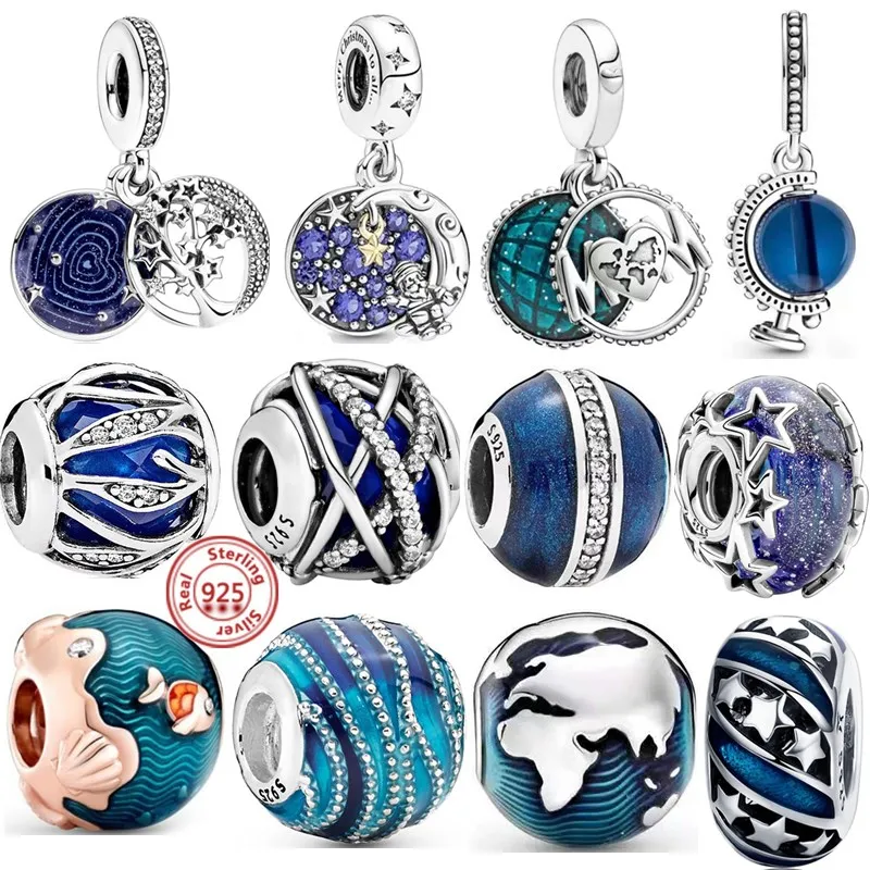 

925 Sterling Silver Blue Series Stars Moon Globe Sparkling Beads Charms Fit Original Brand Bracelet For Women Jewelry Gift
