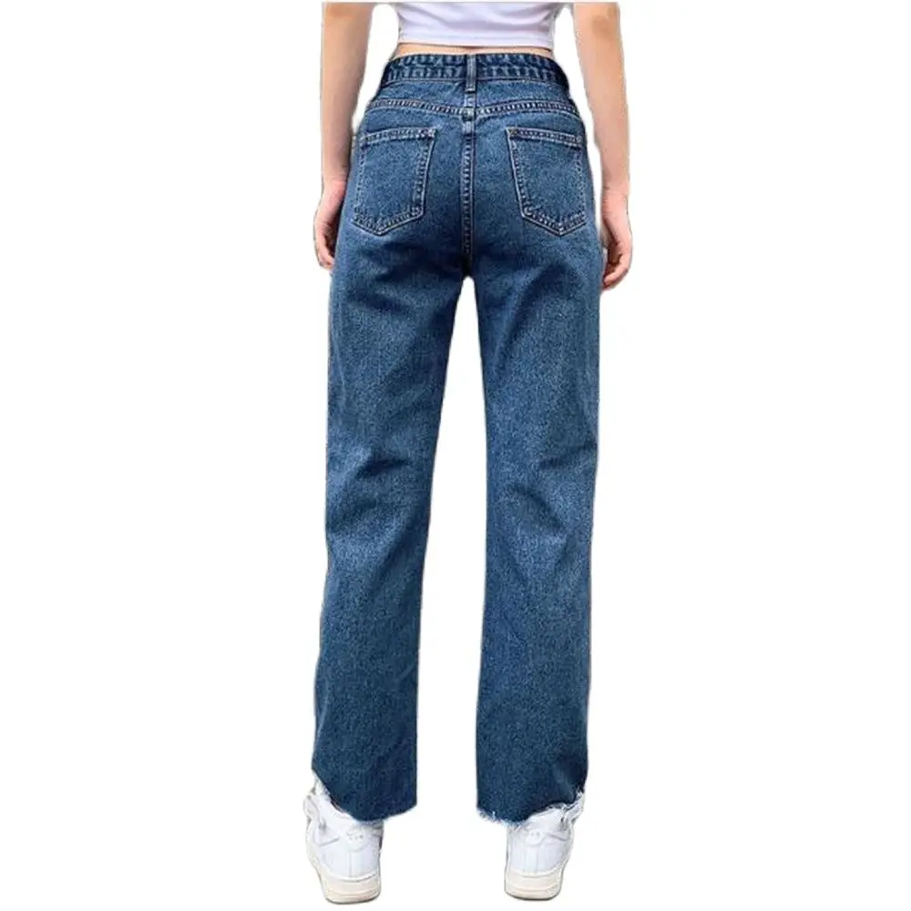 Высококачественные модные прямые джинсы для девочек с высокой талией и вышивкой