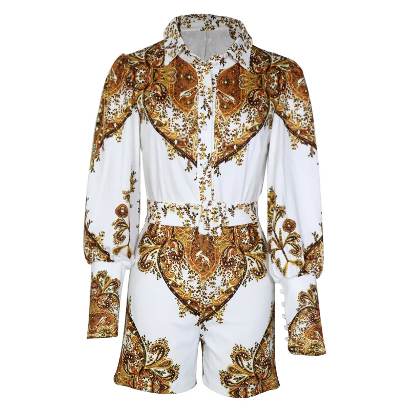 

New style women's European and American printing fashion long-sleeved shorts tooling jumpsuits for women