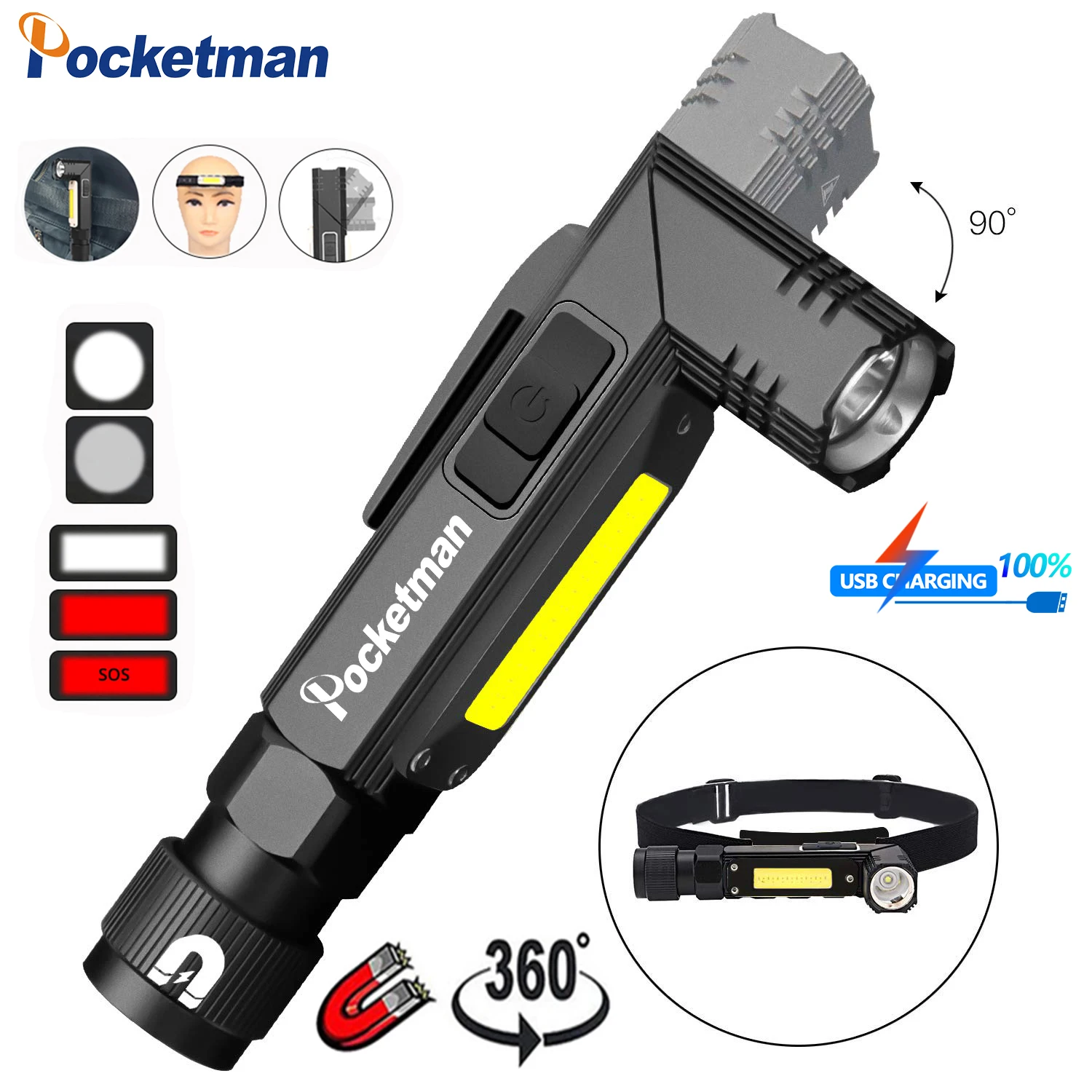 

Handfree Tactical Flashlight Dual Fuel 90 Degree Twist Rotary Clip Rechargeable Super Bright 5 Modes LED Torch Outdoor