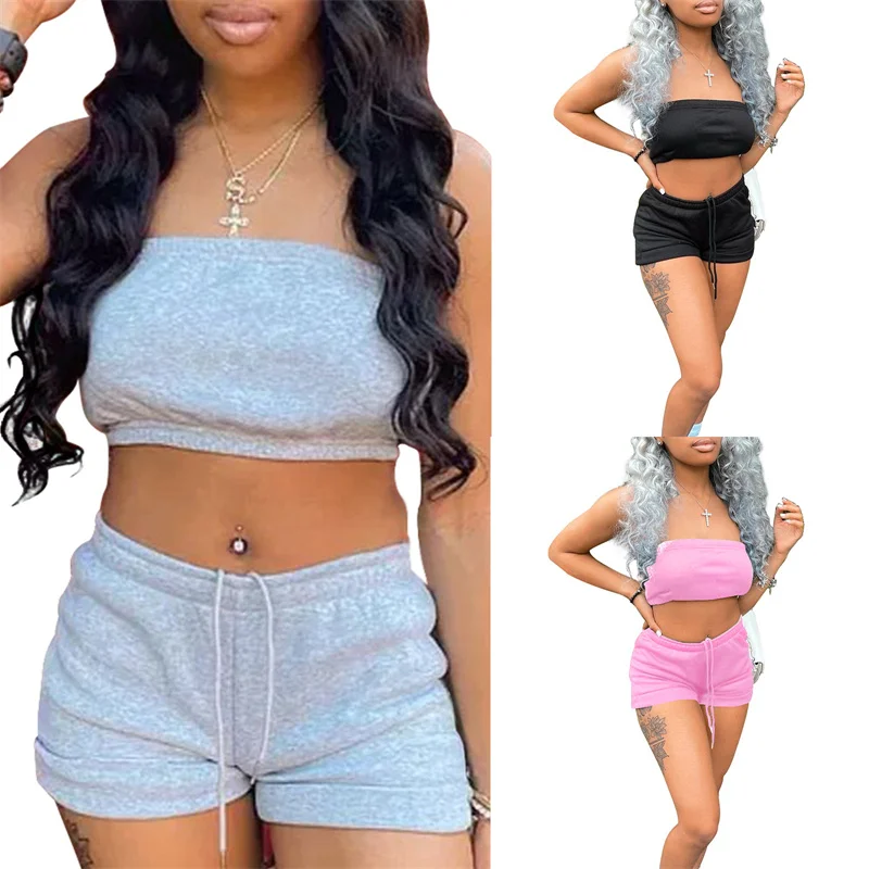 

hirigin Women Sexy Sportwear Set Tracksuits Fitness Strapless Off Shoulder Tube Crop Tops Vest Shorts Summer Cropped Outfits