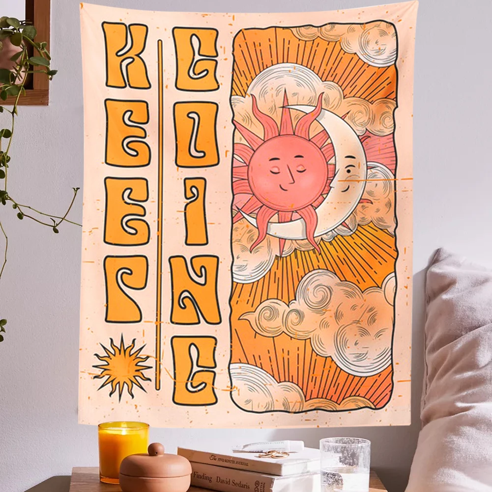 Гобелен с цитатой Keep Going Настенный декор в стиле ретро 70-х подвеска виде солнца