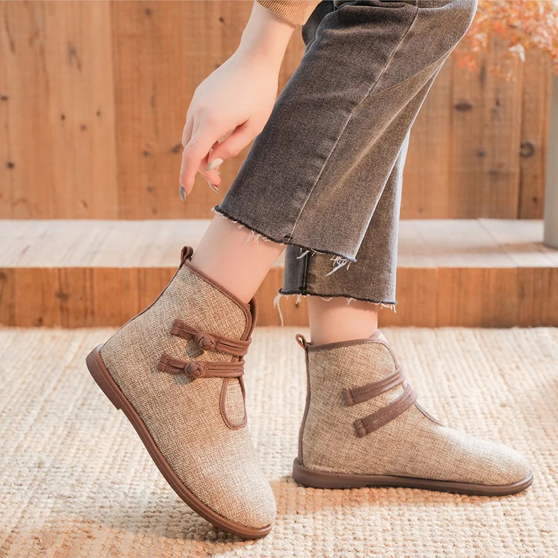 Women High Top Walking Boots Casual Canvas Loafers Flat Sneaker Comfortable Breathable Retro Shoes