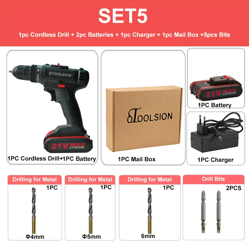 SET5 (2 pc battery) 21 в 1.3ач маленькая дрель Беспроводная Дрель аккумуляторные инструменты 12 В Электрическая дрель шуруповерт батарея ручная дрель с ящиком для инструментов двойная скорость - Цвет: SET5 (2 pc battery)