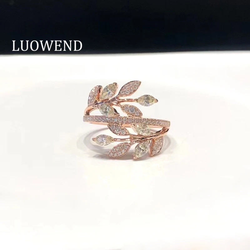 

LUOWEND 100% Real 18K Rose Gold Ring Fashion Olive Branch Design Real Natural Diamond Ring for Women Party Birthday Anniversary