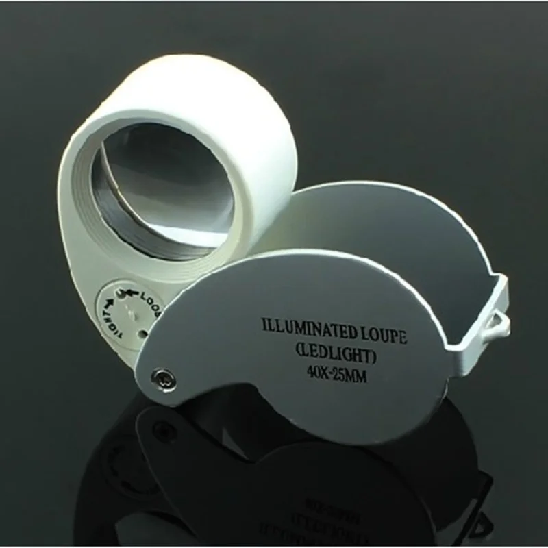 

Silver Folding 40X 25mm Glasses Magnifier Jewelry Watch Lupa Led Light Lamp Magnifying Glass