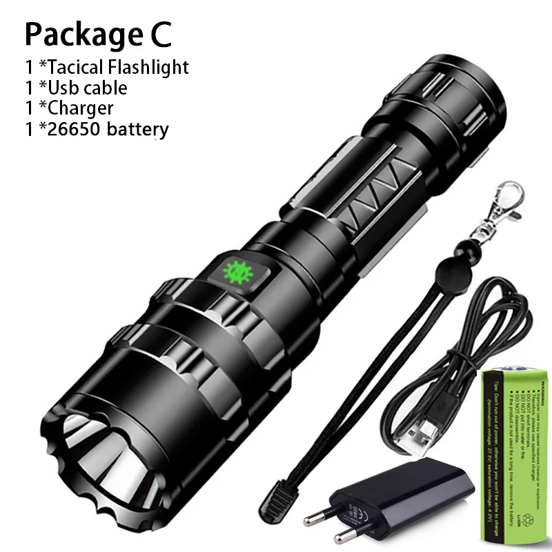 Package C-26650 Тактический светодиодный фонарь высокой мощности охотничий фонарь Скаут Свет USB на 18650 перезаряжаемый аккумулятор 2 м водонепроницаемый Реальные люмены 1200 FLASHLIGHT TORCH 2 года гарантии - Emitting Color: Package C-26650