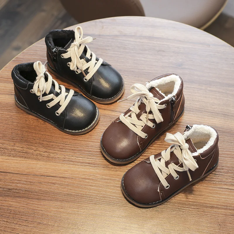 

Winter Children's Martin Boots Warm Woolen Fur Shoes with Velvet Boys Girls Soft Bottom Ankle Boots Microfiber Leather Boots Kid