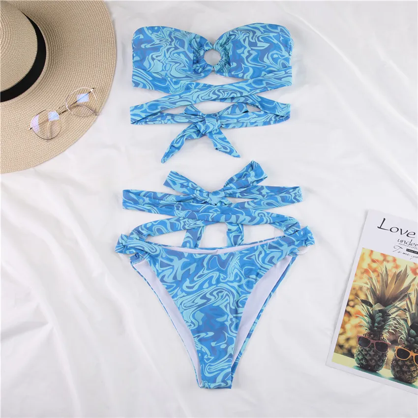 

New Wrap Around Bandeau Printed Bikini 2021Women Swimwear Female Swimsuit Two-pieces Bikini set Bather Bathing Suit Swim Lady