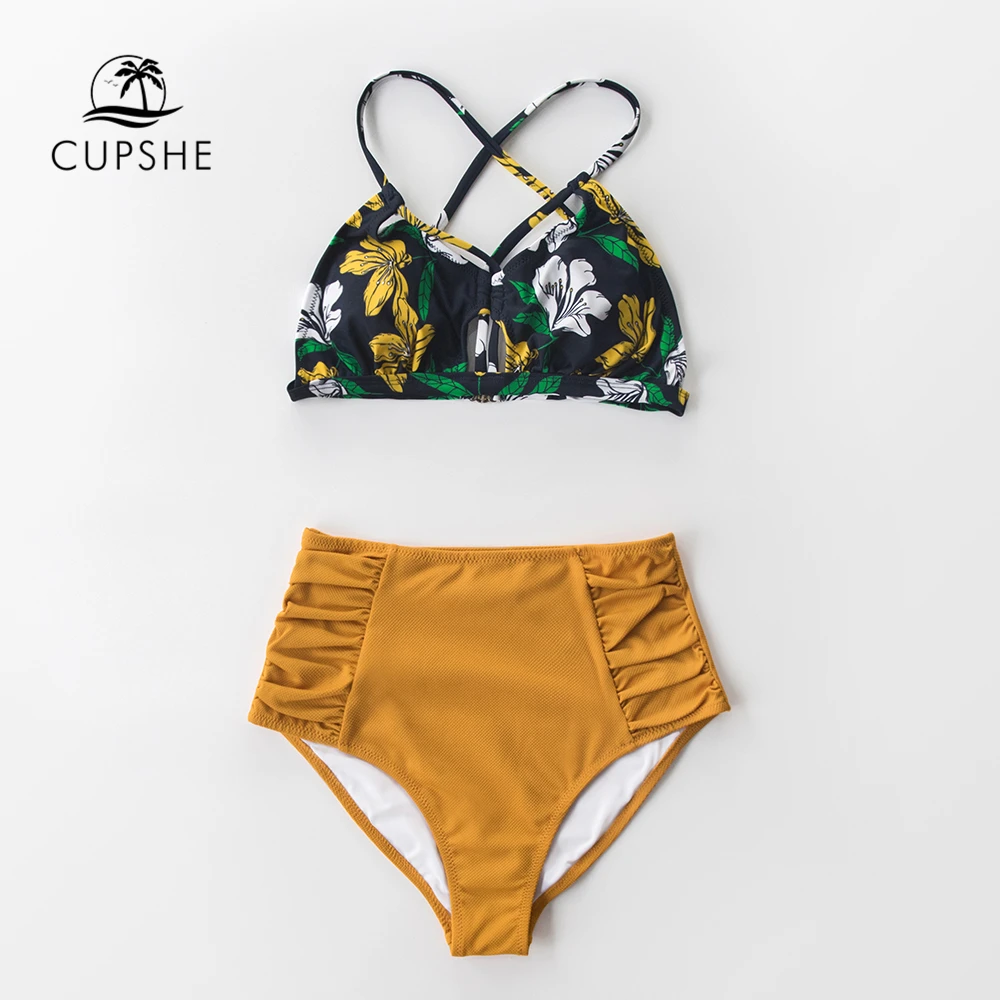 CUPSHE цветочный и однотонный гофрированный с высокой талией бикини сексуальный