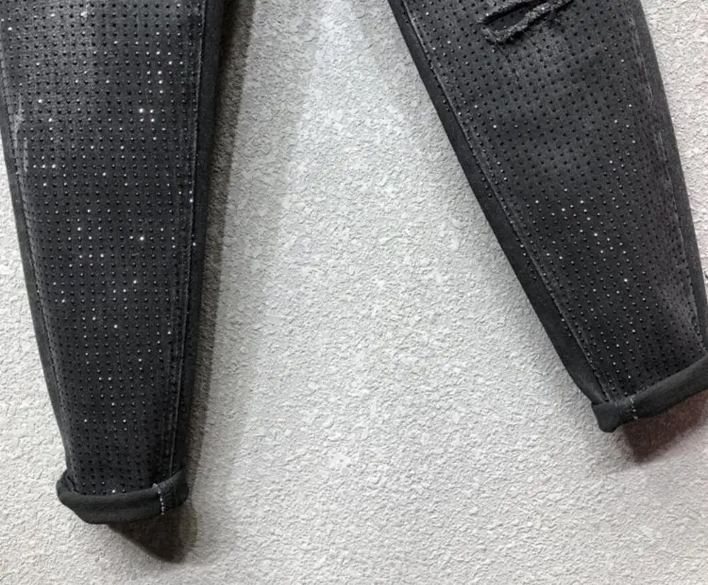 

Heavy industry hot drilling denim trousers women fashion high waist hole loose harem pants plus size