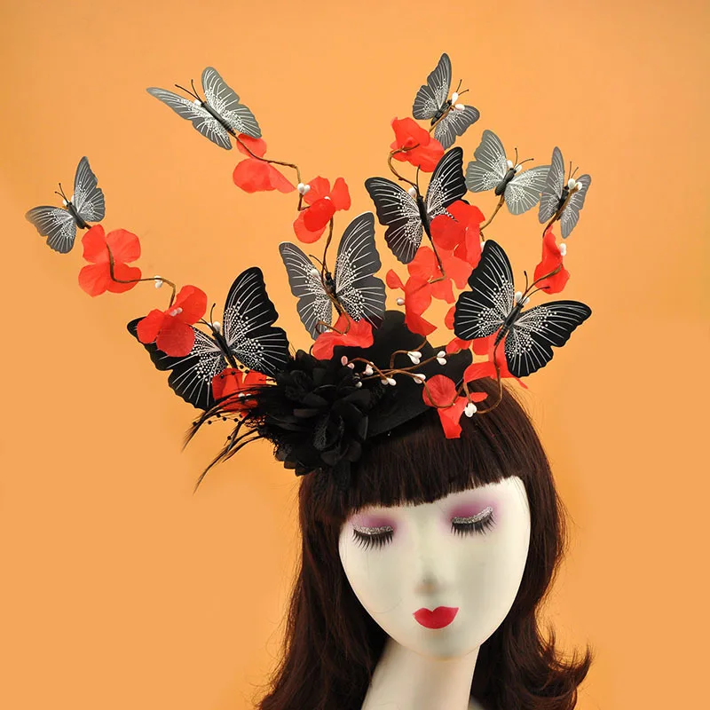 

Женская Цветочная шляпка Buttferfly, заколка для волос с белыми, красными, розовыми, синими бабочками, вечерние аксессуары для волос