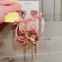korean cute elegant yarn pink bowknot heart crystal long tassel drop earrings for women girls nice and shiny party jewelry