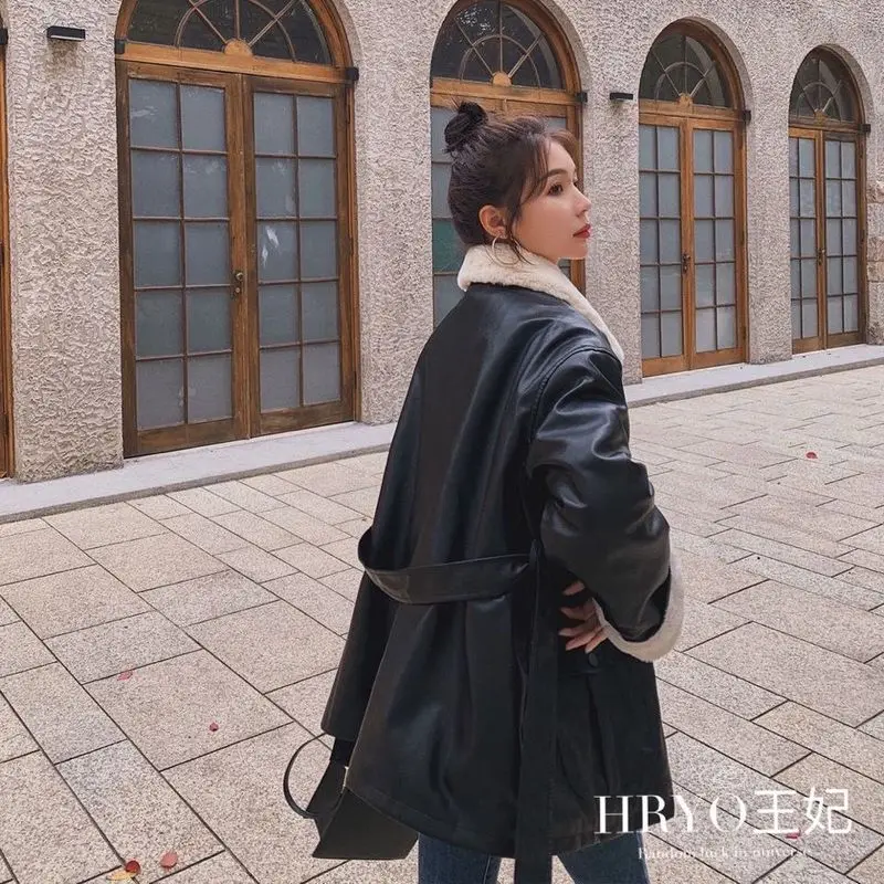 

winter leather jackets woman black fur collar Korean fashion thickened jacket warmth student all-match casual women clothes