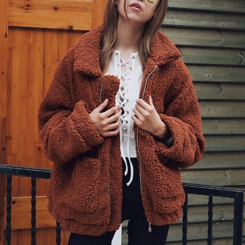 Women Autumn Winter Warm Soft Zipper Solid Casual Loose Jackets Overcoat 2021 LambsWool Faux Fur Coats Casual Outerwear Female
