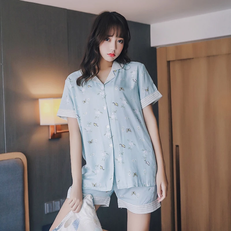 

New 100% cotton short-sleeved shorts ladies pajamas set cute cartoon pajamas Japanese simple short pajamas women home service