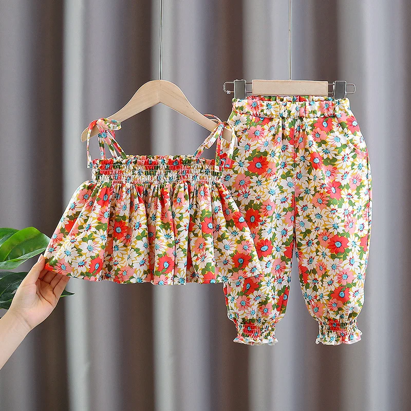 

2021 new Summer baby girl clothes sets kids floral sling top + pants suit for toddler girls baby clothing 1 year birthday sets
