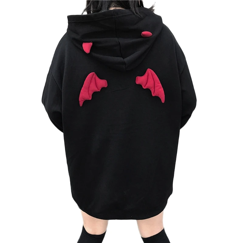 

N7MF Black Devil Ears and Wing Long Sleeve Sweater with Hoodie Pullover for Workout