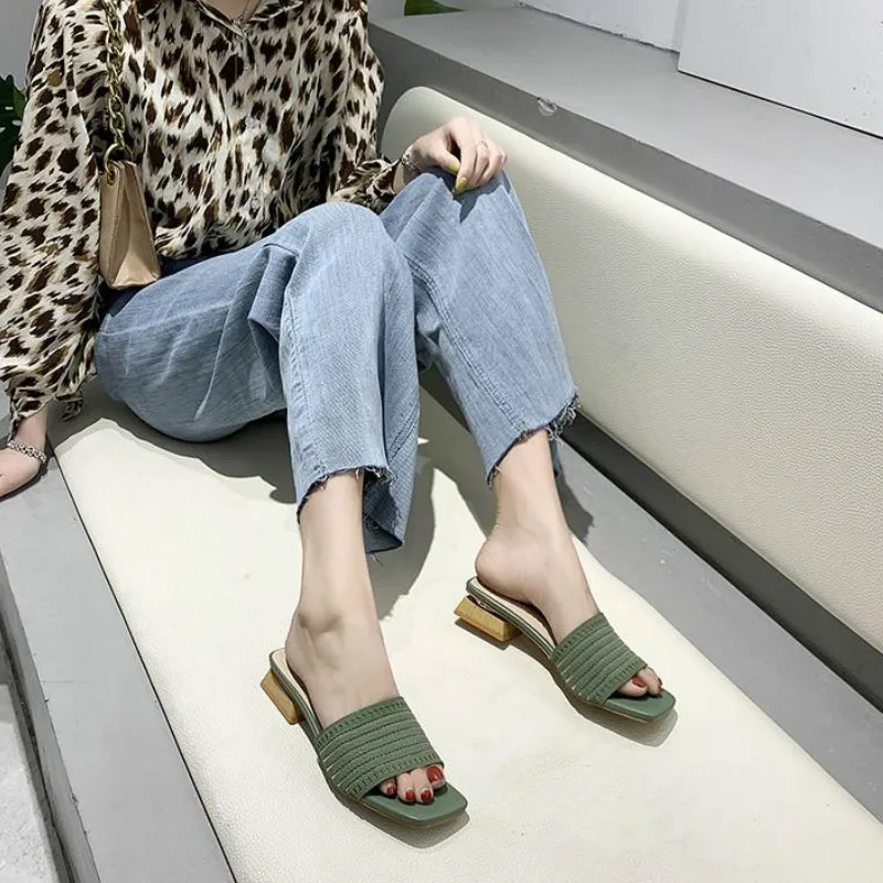 Сандалии женские на низком каблуке дышащие Вязаные тапочки эластичная ткань