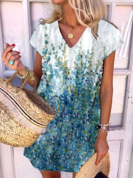 

Women Floral Printed A-line Dress Vintage Casual Loose V-neck Short Sleeve Temperament Dresses Summer Party Mini Loose Dress New