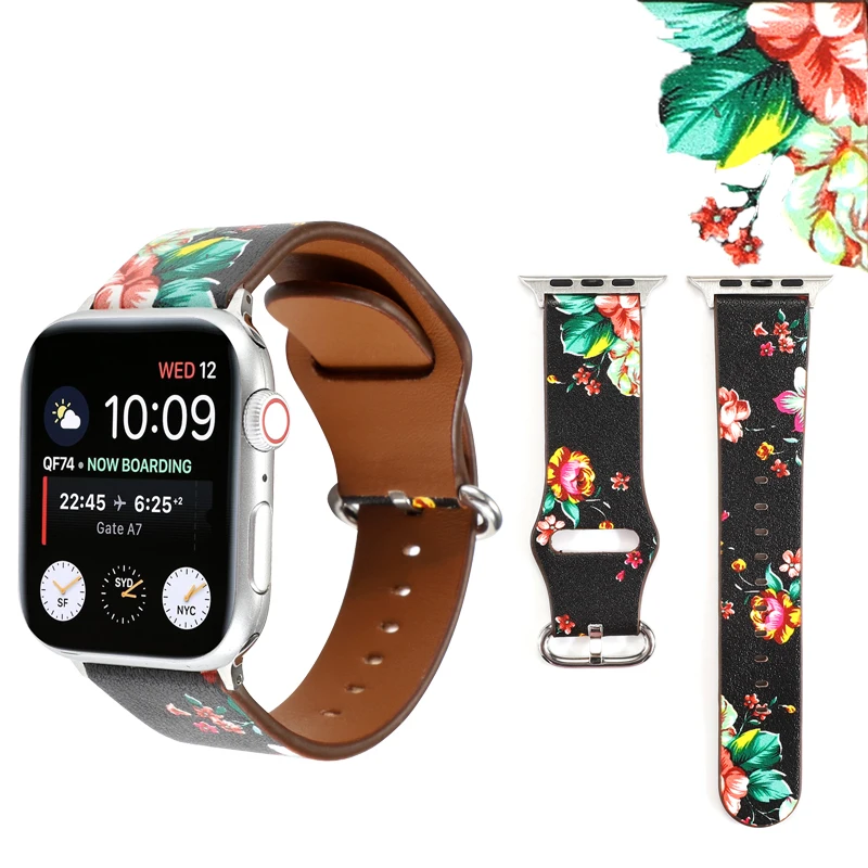 Цветочный кожаный ремешок для apple watch 42/44/38/40 мм спортивный сменный женский