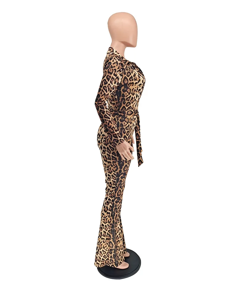 

Leopard Printing Women Deep V Neck Jumpsuits Fashion Flare Bottom Pants Long Sleeves Sexy Nightclub Party Rompers with Sash