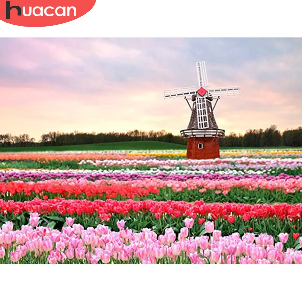 

HUACAN полноразмерная/круглая алмазная живопись, мозаика, цветочный пейзаж, алмазная вышивка, ветряная мельница, вышивка крестиком, домашний д...