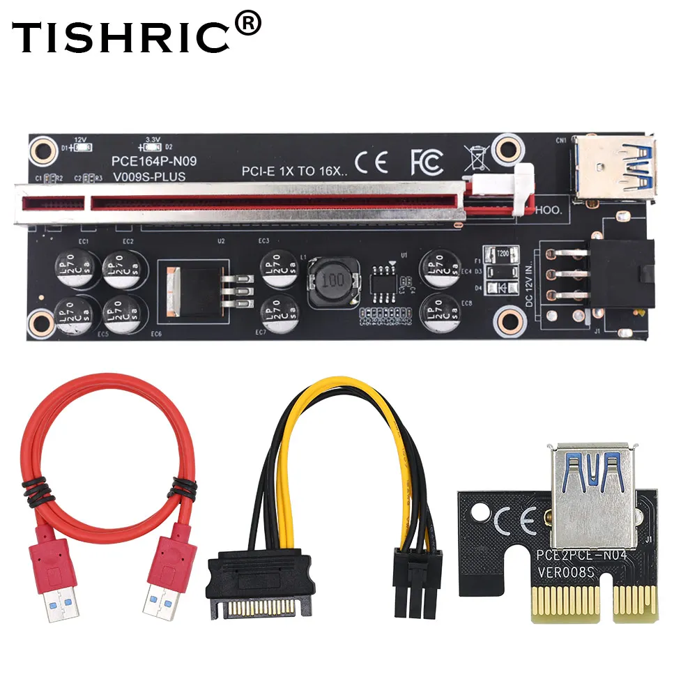 

50Pcs TISHRIC VER009S PCIE Riser 009s Plus Card Express 1X to 16X SATA to 6Pin USB 3.0 Cable Adapter Extender Mining Miner